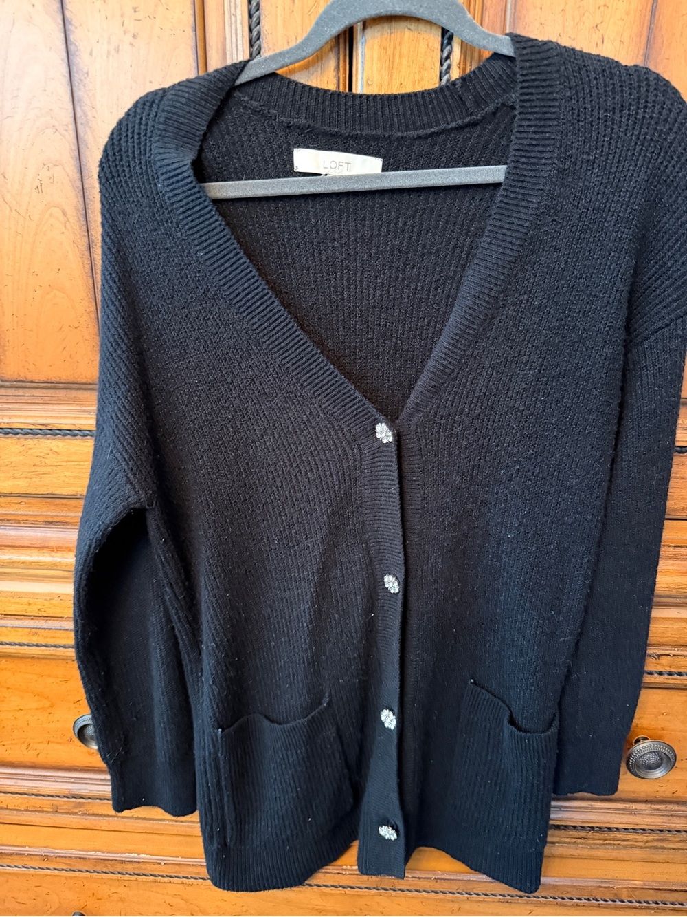 LOFT Black V-Neck Button Cardigan with Front Pockets